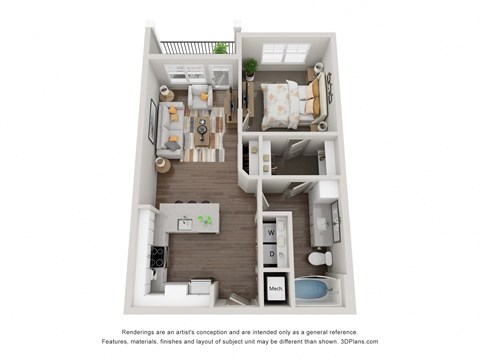 From entry is open-concept kitchen with bartop. Has bathroom access. Into living area with balcony access and closet. Bedroom with walk-in closet into bathroom with garden tub.